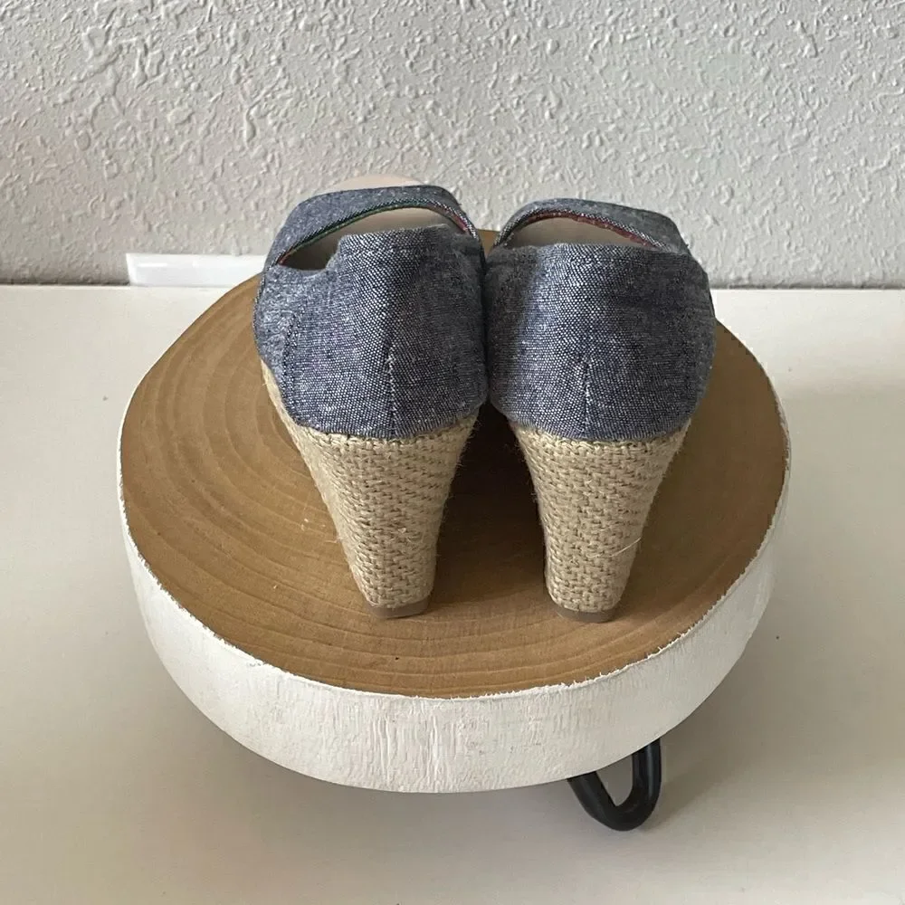 EUC Report Womens Denim Open Toed Wedge Sandals Size 5
